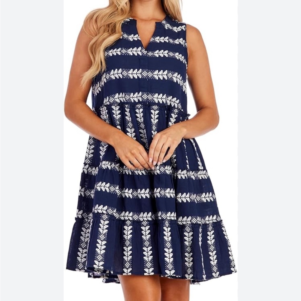 NWT Elan Navy and White Jacquard Patterned Sleeveless Mini Dress, 100% Cotton, M